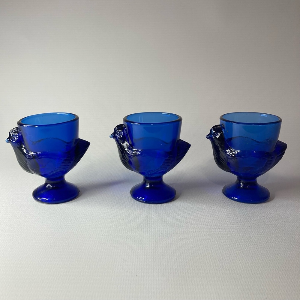 Cobalt Blue Glass Hen Egg Cup Set of 3